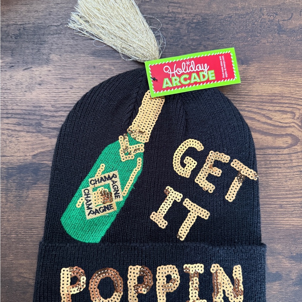 Holiday Arcade Black Beanie with Champagne Design